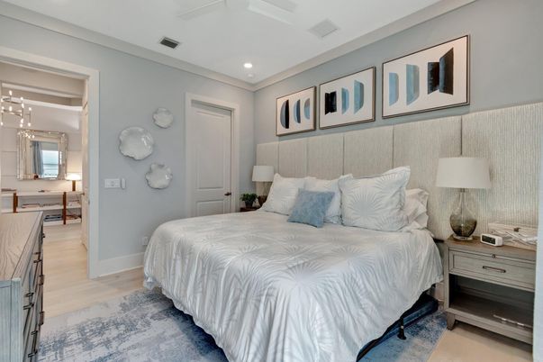 Bedroom, Interior, Pendant Lights, Recessed Lighting, Wood Texture Flooring