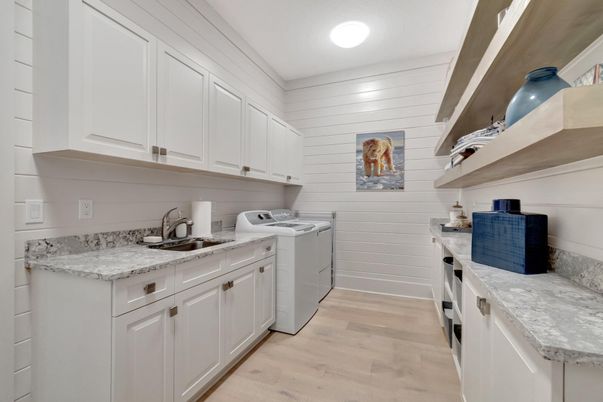 Interior, Kitchen, Recessed Lighting, Washer, Wood Texture Flooring