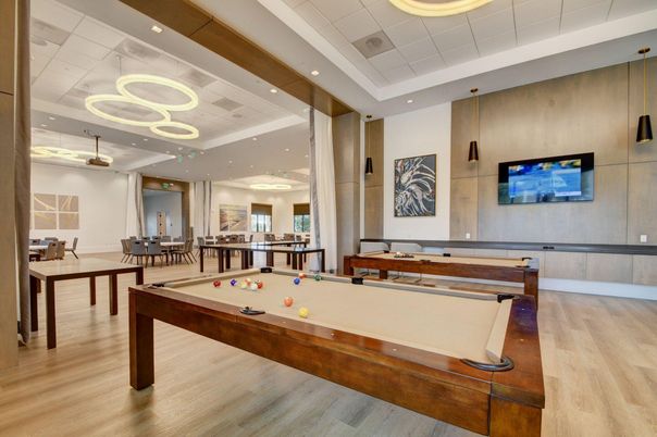 Billiard Table, Game Room, Interior, Pendant Lights, Recessed Lighting, Wood Texture Flooring