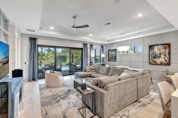 Dining room, Interior, Living room, Pendant Lights, Recessed Lighting, Wood Texture Flooring