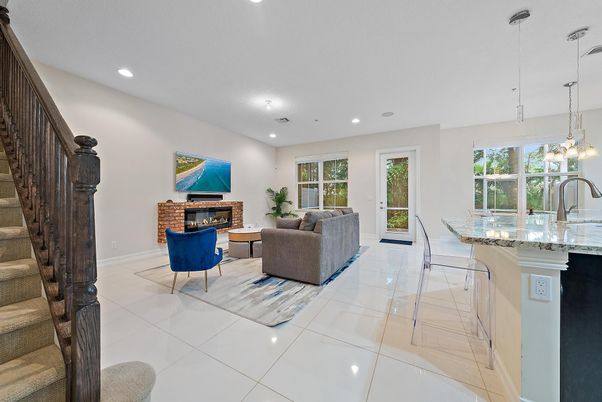 Fireplace, Interior, Kitchen, Living room, Pendant Lights, Recessed Lighting