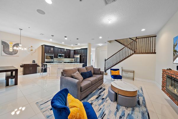 Fireplace, Interior, Kitchen, Living room, Pendant Lights, Recessed Lighting, Stainless Steel Appliances