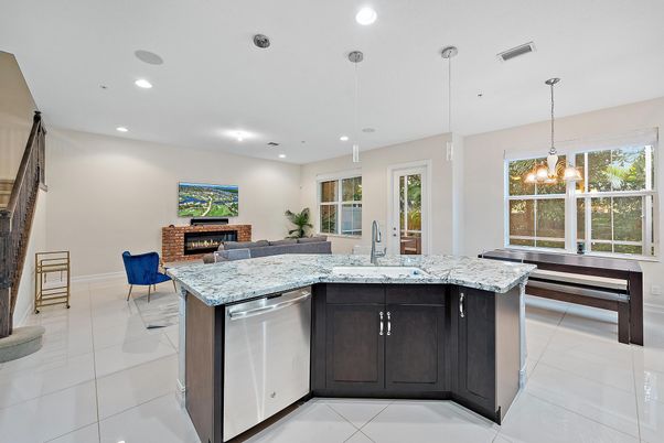 Dining room, Fireplace, Interior, Kitchen, Living room, Pendant Lights, Recessed Lighting, Stainless Steel Appliances