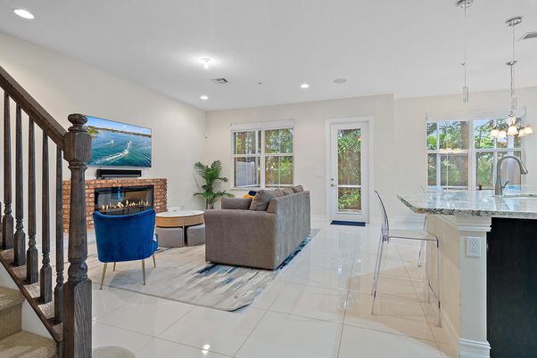 Fireplace, Interior, Kitchen, Living room, Pendant Lights, Recessed Lighting