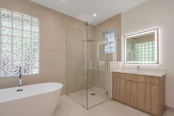 Bathroom, Free Standing Baths, Glass Shower, Interior, Recessed Lighting