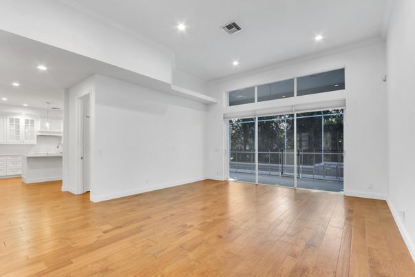 Empty room, Interior, Kitchen, Pendant Lights, Recessed Lighting, Wood Texture Flooring