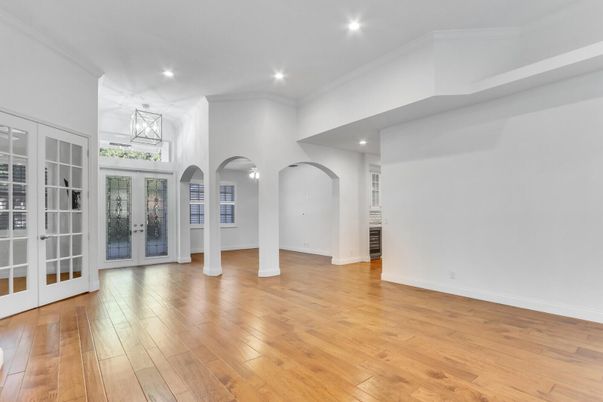Empty room, Interior, Pendant Lights, Recessed Lighting, Wood Texture Flooring