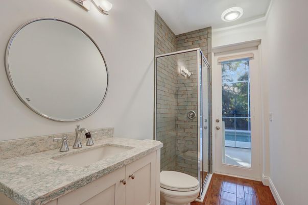 Bathroom, Glass Shower, Interior, Wood Texture Flooring