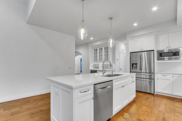 Interior, Kitchen, Pendant Lights, Recessed Lighting, Stainless Steel Appliances, Wood Texture Flooring