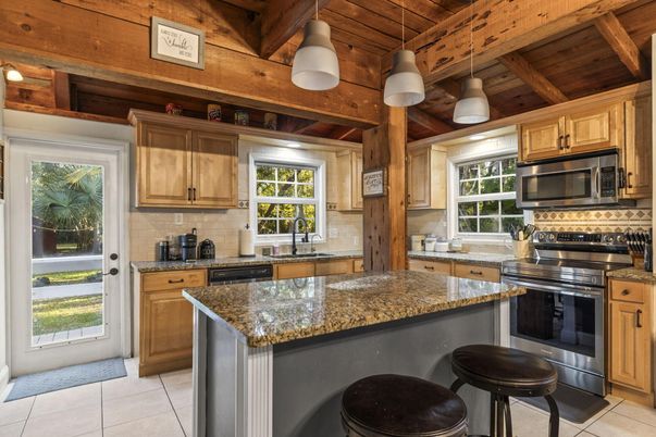 Interior, Kitchen, Pendant Lights, Stainless Steel Appliances, Wooden Beams, Wooden Ceilings