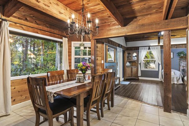 Chandelier, Dining room, Interior, Wooden Beams, Wooden Ceilings, Wood Texture Flooring