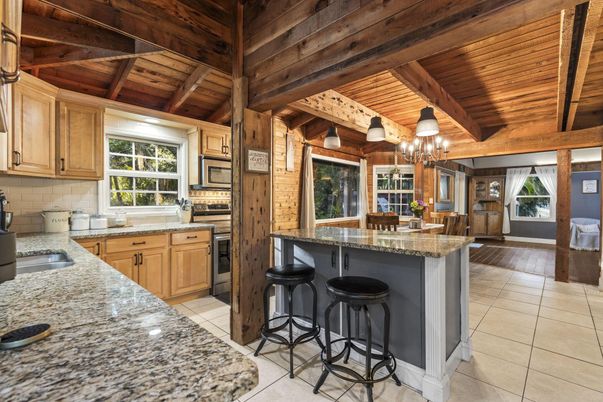 Chandelier, Interior, Kitchen, Stainless Steel Appliances, Wooden Beams, Wooden Ceilings, Wood Texture Flooring