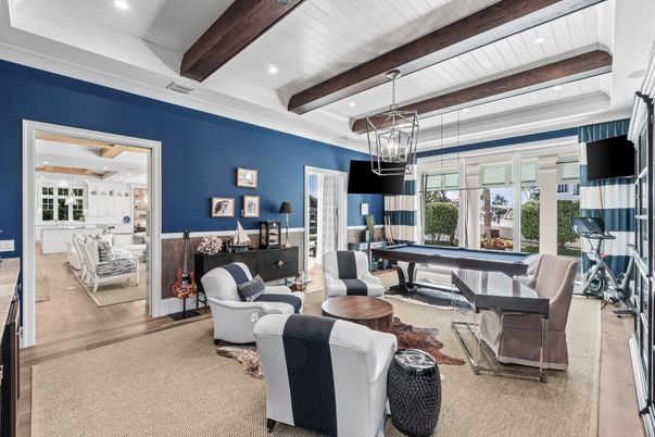Billiard Table, Game Room, Interior, Living room, Pendant Lights, Recessed Lighting, Wooden Beams