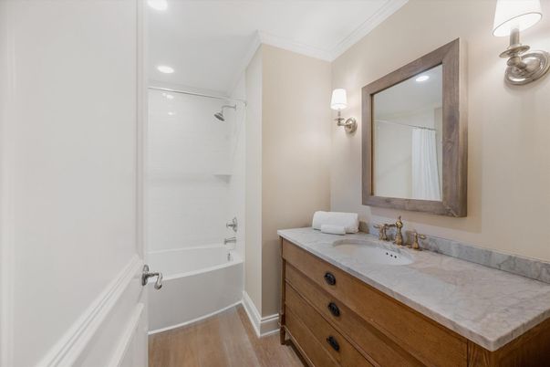 Bathroom, Interior, Recessed Lighting, Tile Countertops, Wood Texture Flooring