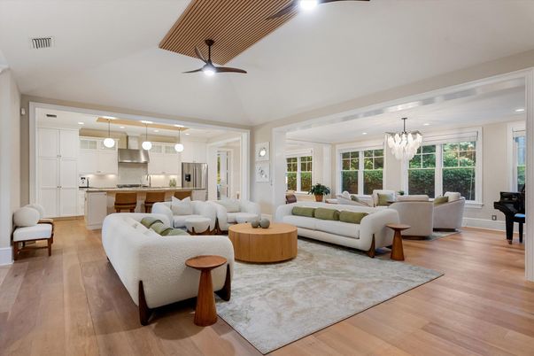 Chandelier, Dining room, Interior, Kitchen, Living room, Pendant Lights, Recessed Lighting, Wood Texture Flooring