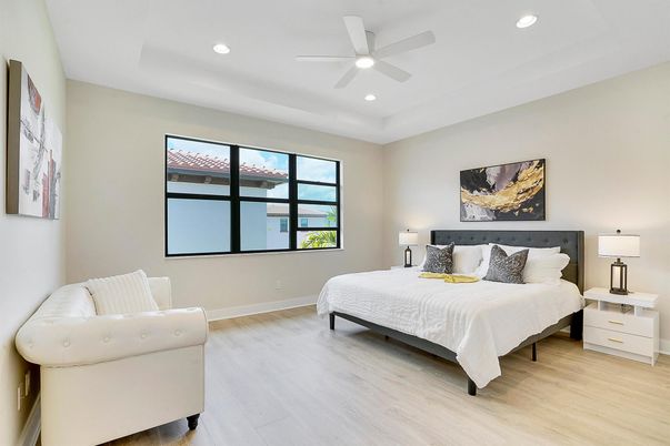 Bedroom, Interior, Recessed Lighting, Wood Texture Flooring