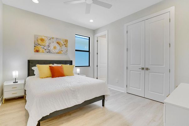 Bedroom, Interior, Recessed Lighting, Wood Texture Flooring