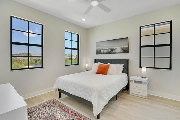 Bedroom, Interior, Recessed Lighting, Wood Texture Flooring
