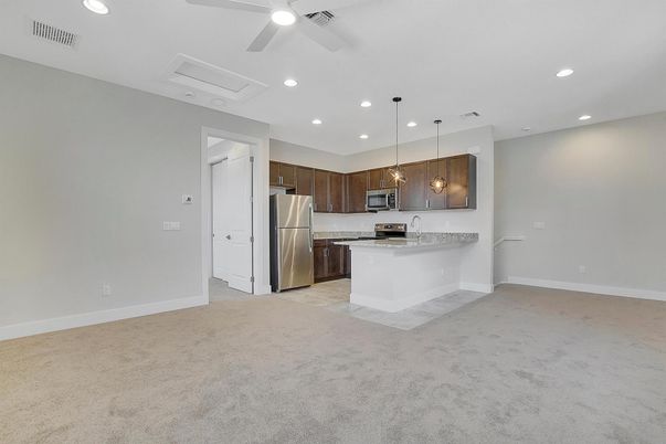 Empty room, Interior, Kitchen, Pendant Lights, Recessed Lighting, Stainless Steel Appliances