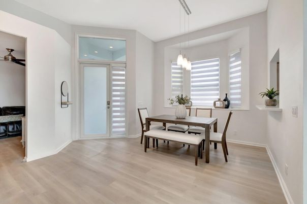 Dining room, Interior, Pendant Lights, Recessed Lighting, Wood Texture Flooring