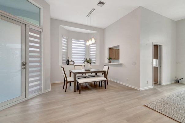 Dining room, Interior, Pendant Lights, Wood Texture Flooring