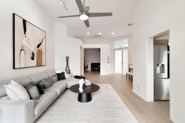Interior, Kitchen, Living room, Recessed Lighting, Stainless Steel Appliances, Wood Texture Flooring