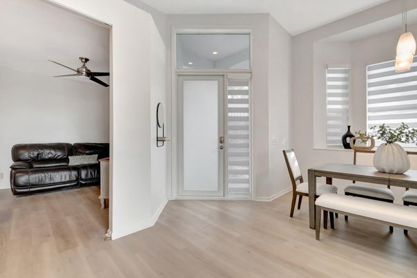 Dining room, Interior, Pendant Lights, Recessed Lighting, Wood Texture Flooring