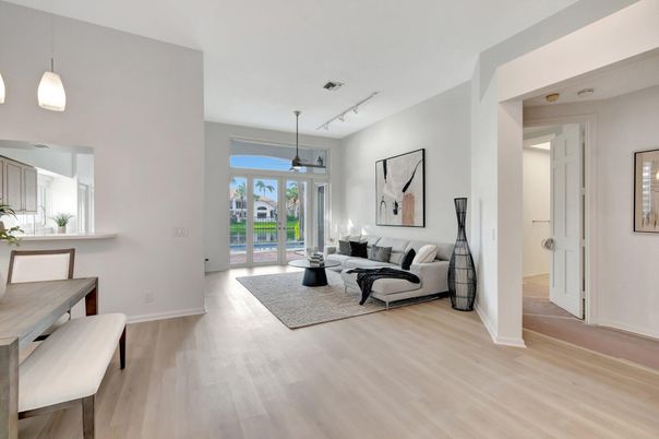 Dining room, Interior, Living room, Pendant Lights, Wood Texture Flooring