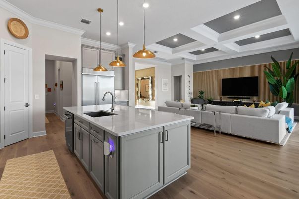 Interior, Kitchen, Living room, Pendant Lights, Recessed Lighting, Wood Texture Flooring