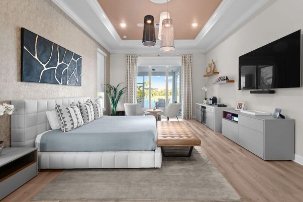 Bedroom, Interior, Pendant Lights, Recessed Lighting, Wood Texture Flooring