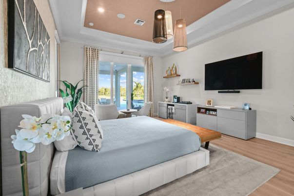 Bedroom, Interior, Pendant Lights, Recessed Lighting, Wood Texture Flooring