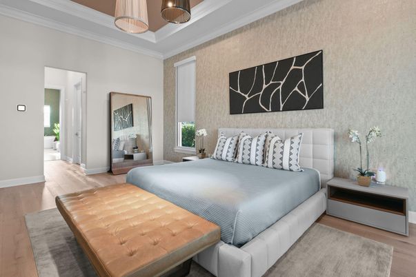 Bedroom, Interior, Pendant Lights, Wood Texture Flooring