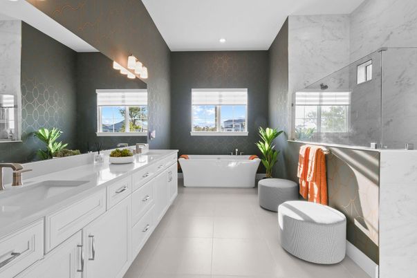 Bathroom, Dual Sink Vanities, Free Standing Baths, Interior, Marble Walls, Recessed Lighting