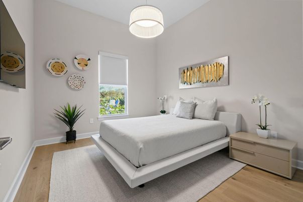 Bedroom, Interior, Pendant Lights, Wood Texture Flooring