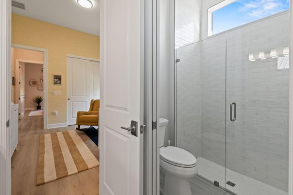 Bathroom, Glass Shower, Interior, Wood Texture Flooring