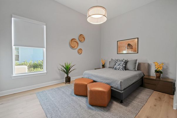 Bedroom, Interior, Pendant Lights, Wood Texture Flooring