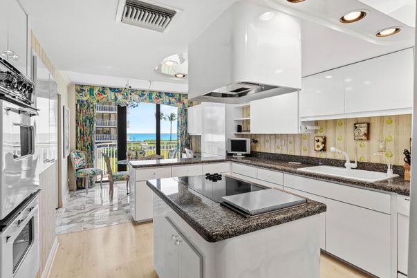 Interior, Kitchen, Marble, Recessed Lighting, Stainless Steel Appliances, Water, Wood Texture Flooring