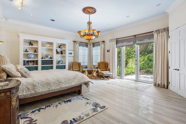 Bedroom, Chandelier, Interior, Recessed Lighting, Wood Texture Flooring