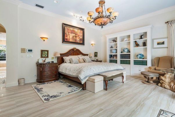 Bedroom, Chandelier, Interior, Recessed Lighting, Wood Texture Flooring