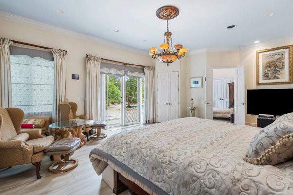 Bedroom, Chandelier, Interior, Recessed Lighting, Wood Texture Flooring
