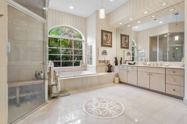 Bathroom, Dual Sink Vanities, Glass Shower, Interior, Pendant Lights, Recessed Lighting