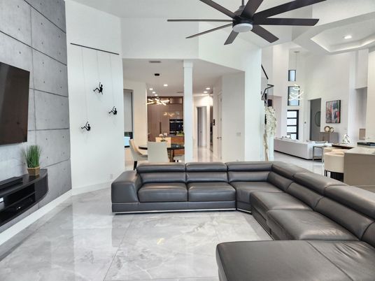 Dining room, Interior, Kitchen, Living room, Marble, Pendant Lights, Recessed Lighting