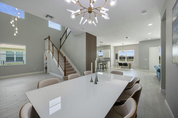 Dining room, Interior, Kitchen, Pendant Lights, Recessed Lighting, Wood Texture Flooring