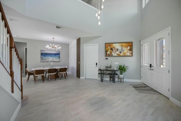 Dining room, Interior, Pendant Lights, Wood Texture Flooring