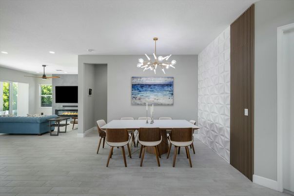 Dining room, Fireplace, Interior, Living room, Pendant Lights, Recessed Lighting