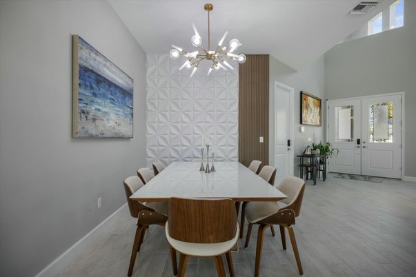 Dining room, Interior, Pendant Lights, Wood Texture Flooring