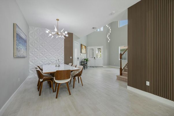 Dining room, Interior, Pendant Lights, Wood Texture Flooring
