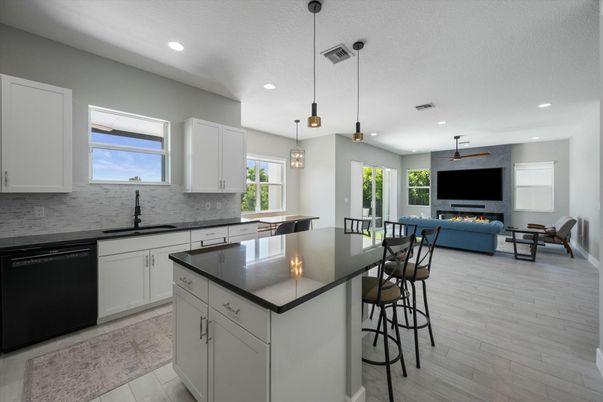 Fireplace, Interior, Kitchen, Living room, Pendant Lights, Recessed Lighting, Wood Texture Flooring