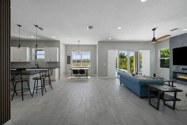 Dining room, Fireplace, Interior, Kitchen, Living room, Pendant Lights, Recessed Lighting, Wood Texture Flooring