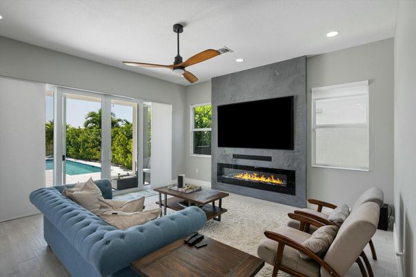 Fireplace, Interior, Living room, Recessed Lighting, Wood Texture Flooring